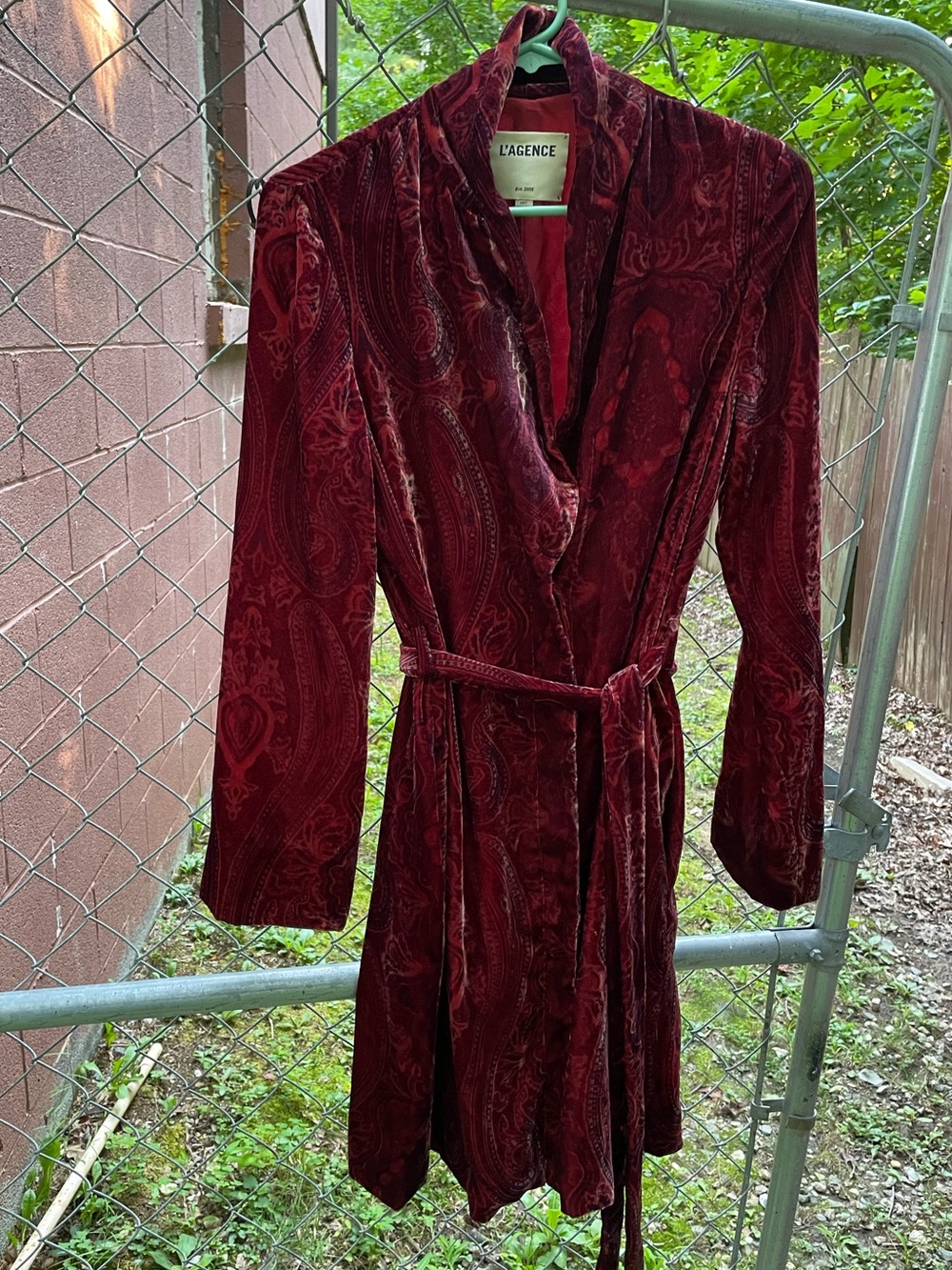 L’Agence Cressida Paisley Red Velvet Tie  Front Trench Jacket XS